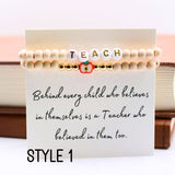 Wood Beaded Teacher stretch Bracelet set on THANK YOU Card