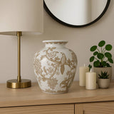 Decorative Vase - Brown/White Ceramic Bird and Vines, 10 in.