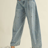 STUDDED BARREL DENIM PANTS