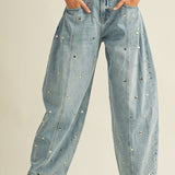 STUDDED BARREL DENIM PANTS