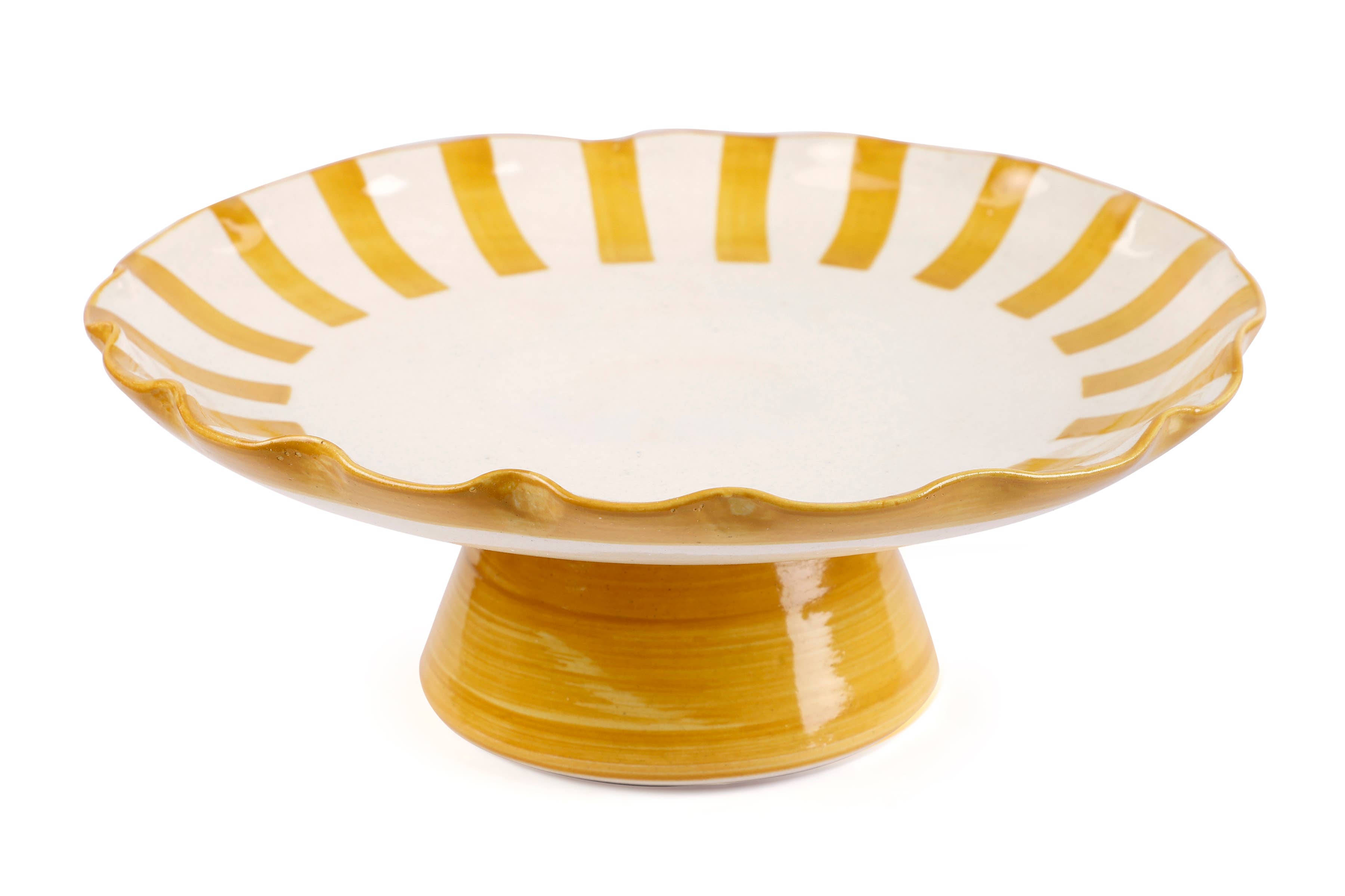 Ceramic Stripe Cake Stand, Yellow  - 10 x 10 x 3.75 Inches