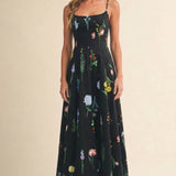 ID10301 FLORAL PRINTED SLEEVELESS FLARED MAXI DRESS