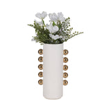 White/Gold 13 in. Stoneware Cylinder with Side Knobs Vase