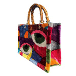 Silk Velvet Ikat Small Tote Bag with Bamboo Handle