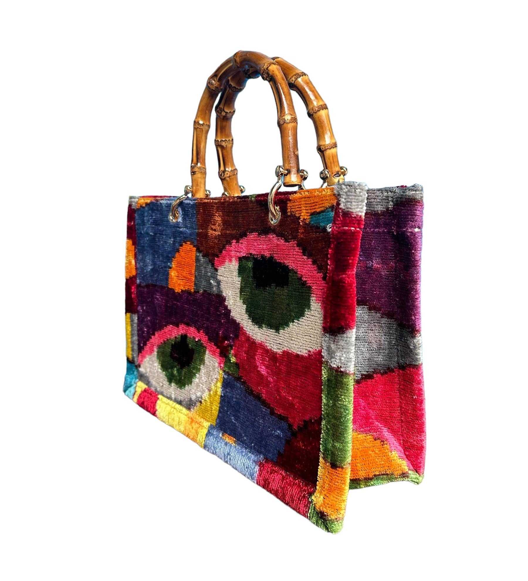Silk Velvet Ikat Small Tote Bag with Bamboo Handle