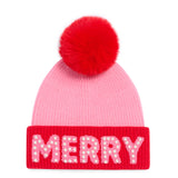 "MERRY" BEANIE WITH PEARLS,PINK