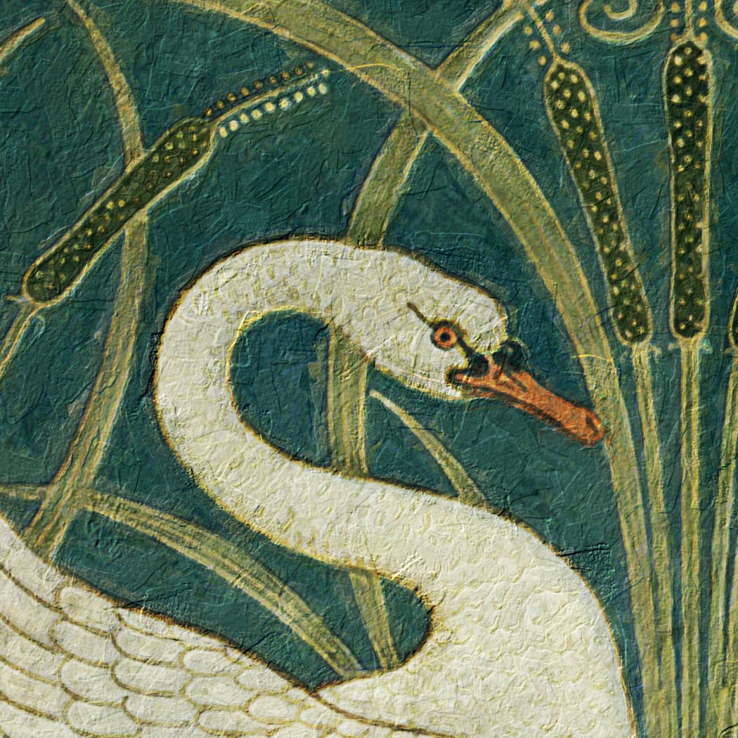 Two White Swans Vintage Wallpaper Print Behind Glass