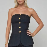 Strapless Gold Button Vest Style Denim Top