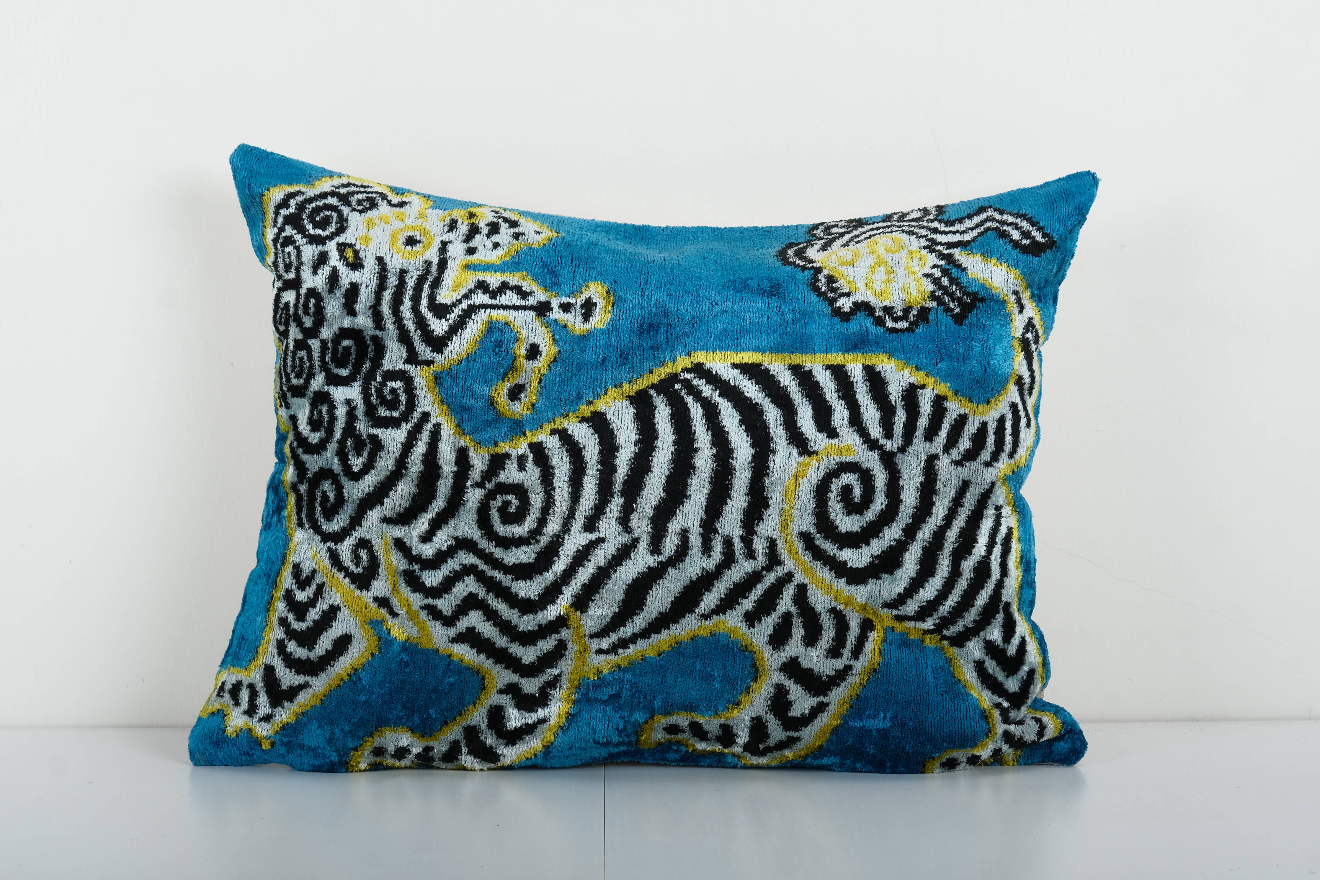 Zebra Silk Ikat Velvet Pillow Cover - Handloom Blue Animal