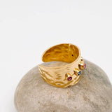 Colored Zircon Stainless Steel 18K Gold Plated Wide Ring-FGS