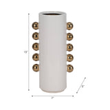 White/Gold 13 in. Stoneware Cylinder with Side Knobs Vase