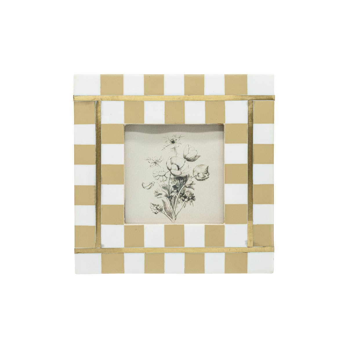 Checkered photo frame with a floral design inside on a white background