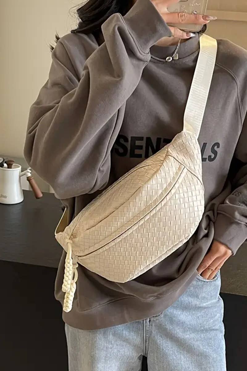 ,...._ SI-26485 Vegan Leather Woven Atlas Crossbody Bum Bag