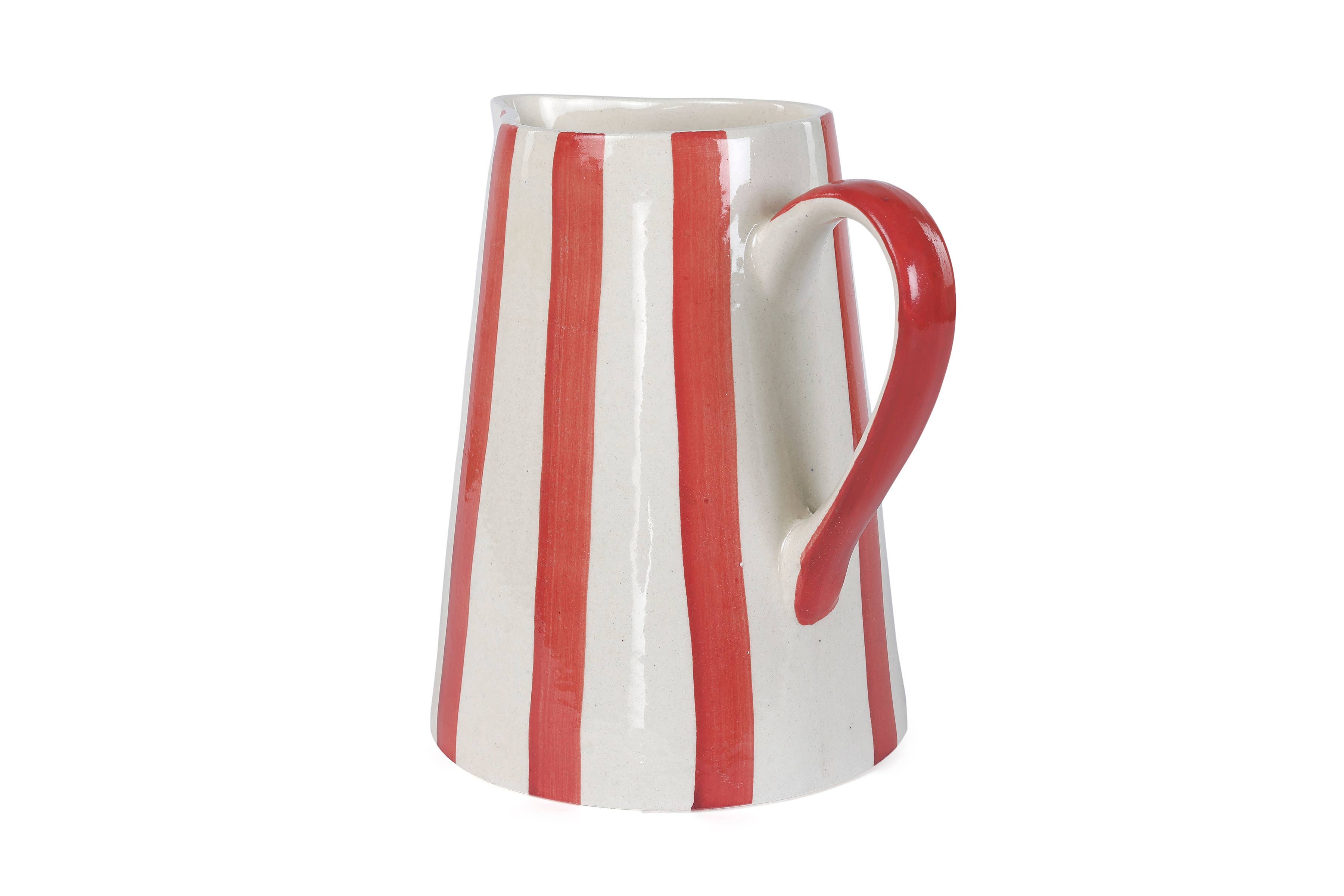 Ceramic Stripe Pitcher, Red- 8.25 x 8.25 x 8 Inches