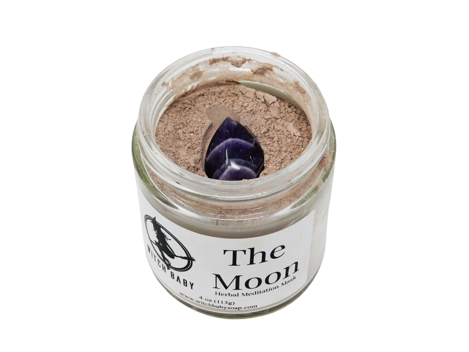 Jar of 'The Moon' herbal meditation ash with a purple crystal on a white background