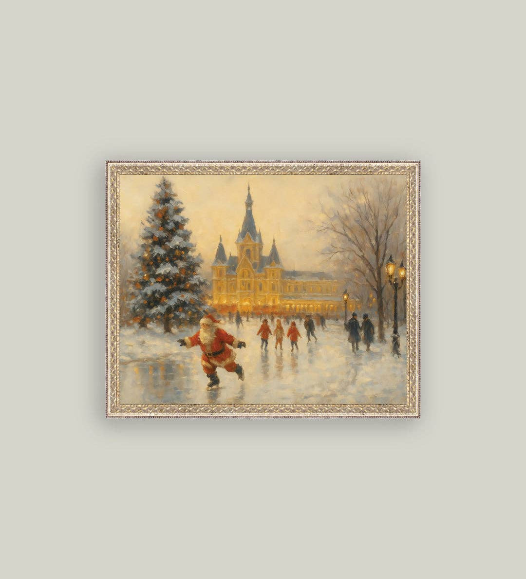 Skating Santa Framed Antique Art