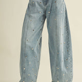 STUDDED BARREL DENIM PANTS