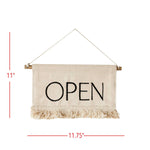 Beige sign with 'OPEN' text and dimensions on a white background