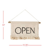 Beige sign with 'OPEN' text and dimensions on a white background