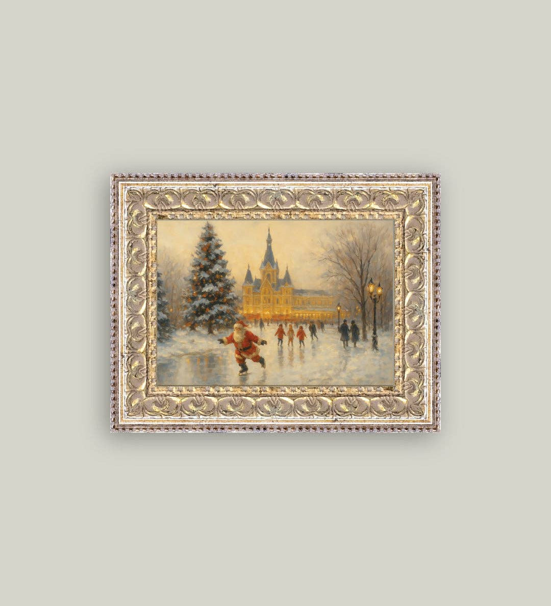 Skating Santa Framed Antique Art