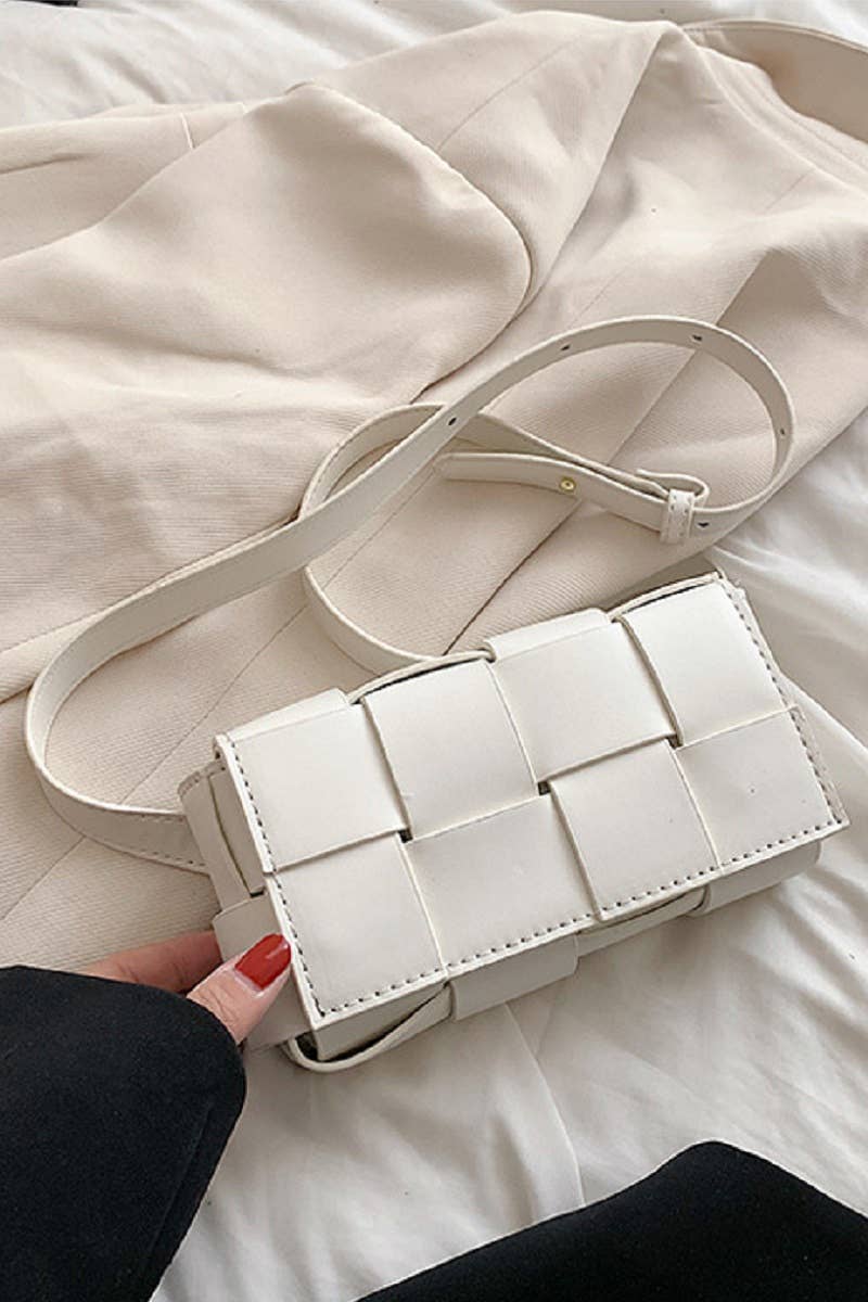 "...._ Vegan Leather Woven Crossbody Waist Bag