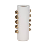 White/Gold 13 in. Stoneware Cylinder with Side Knobs Vase