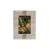 Rectangular photo frame with a natural wood texture and gold accents, containing a photograph of a garden scene.