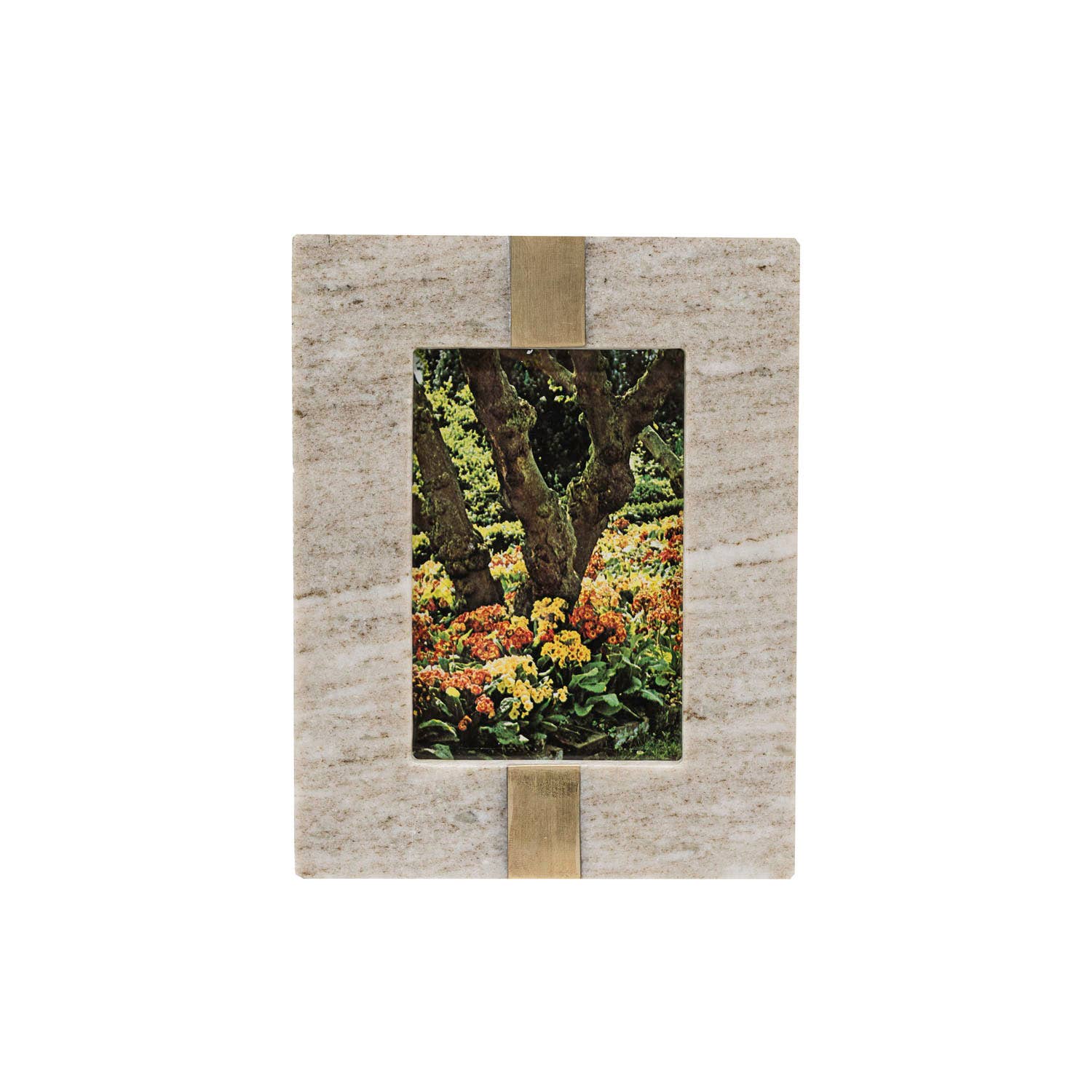 Rectangular photo frame with a natural wood texture and gold accents, containing a photograph of a garden scene.