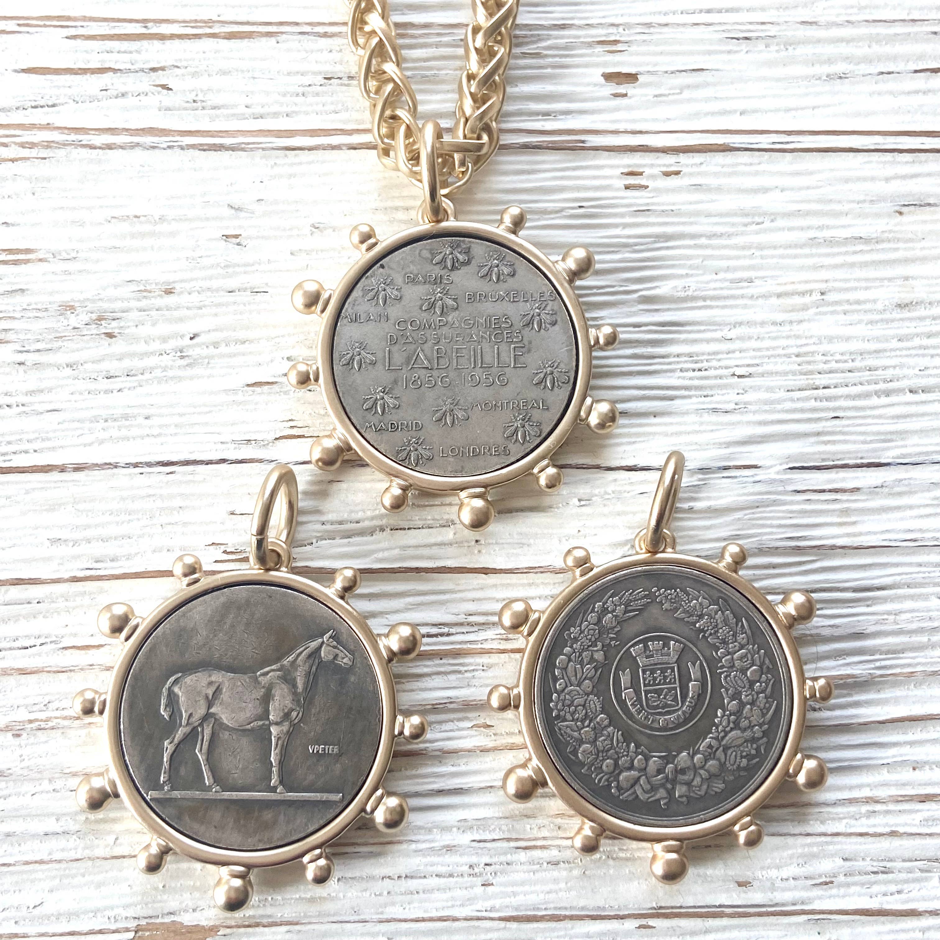 Matte gold horse French Bee coin necklace boutique