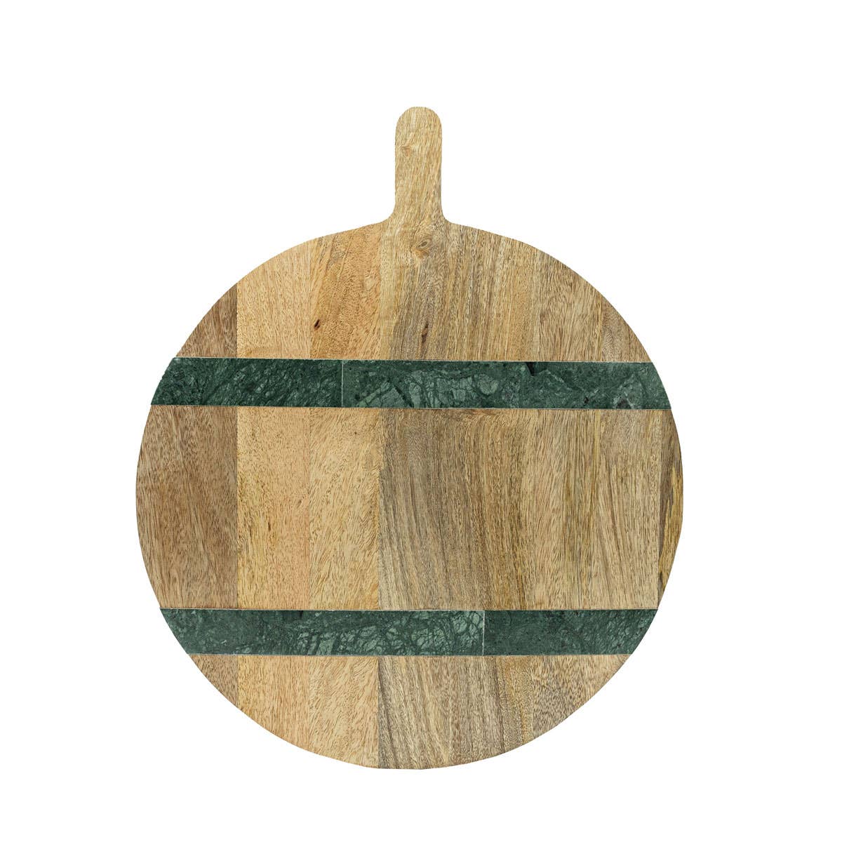 Round wooden cutting board with a green stripe and handle on a white background
