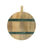 Round wooden cutting board with a green stripe and handle on a white background