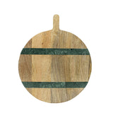 Round wooden cutting board with a green stripe and handle on a white background