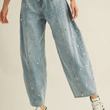 STUDDED BARREL DENIM PANTS