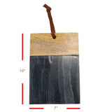 Wooden and black slate cutting board with measurements on a white background