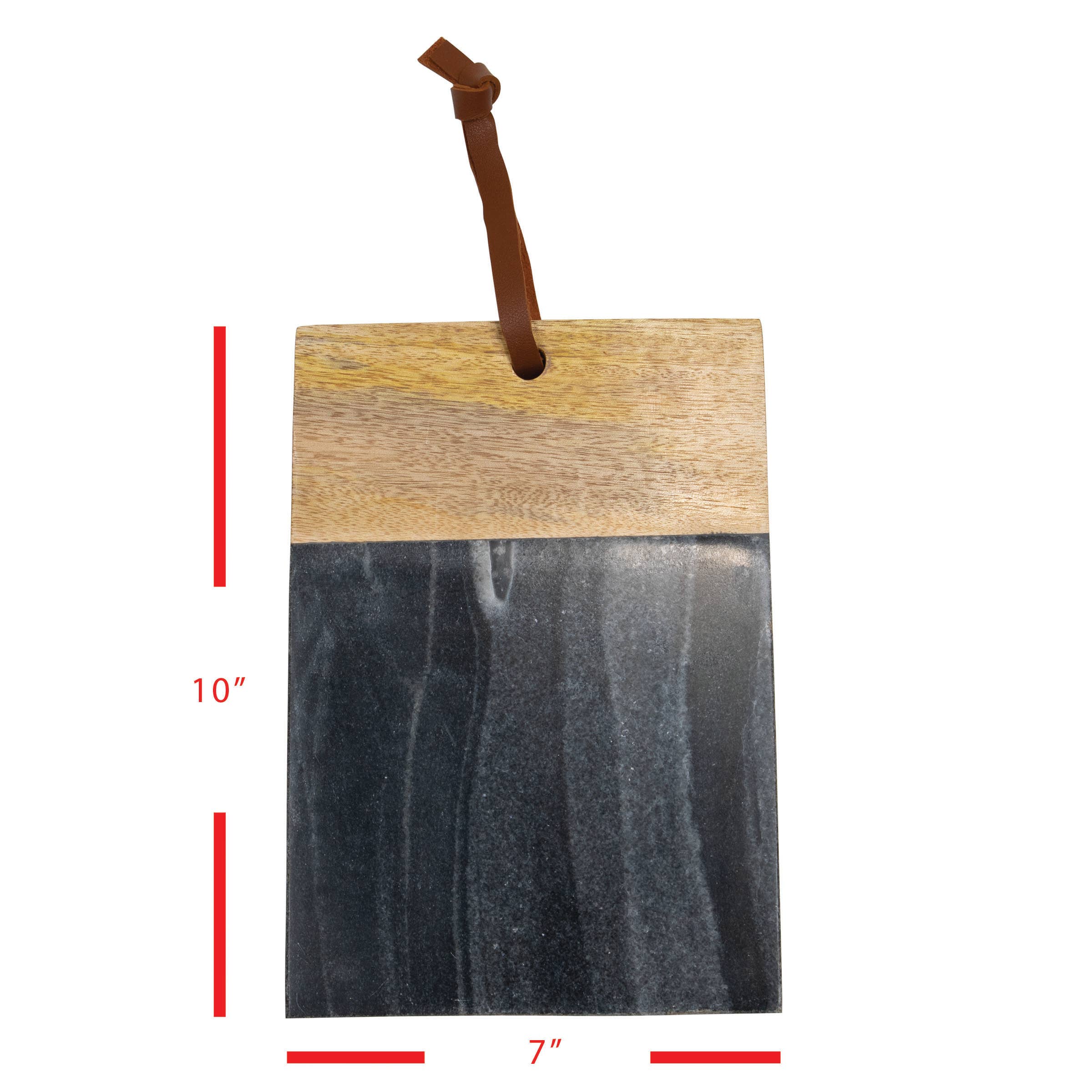 Wooden and black slate cutting board with measurements on a white background