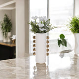 White/Gold 13 in. Stoneware Cylinder with Side Knobs Vase