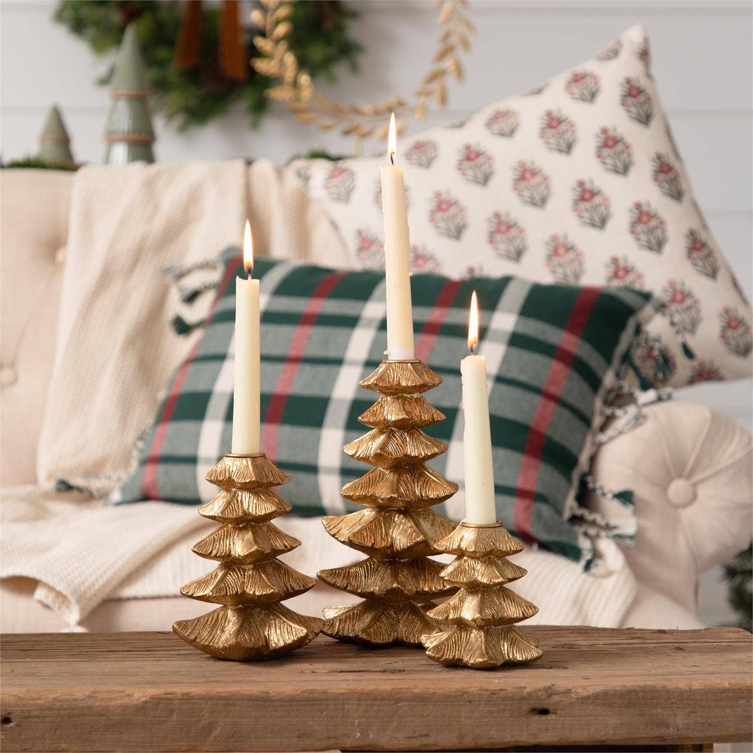 Gold Finish Christmas Tree Candle Holder (Set Of 03)