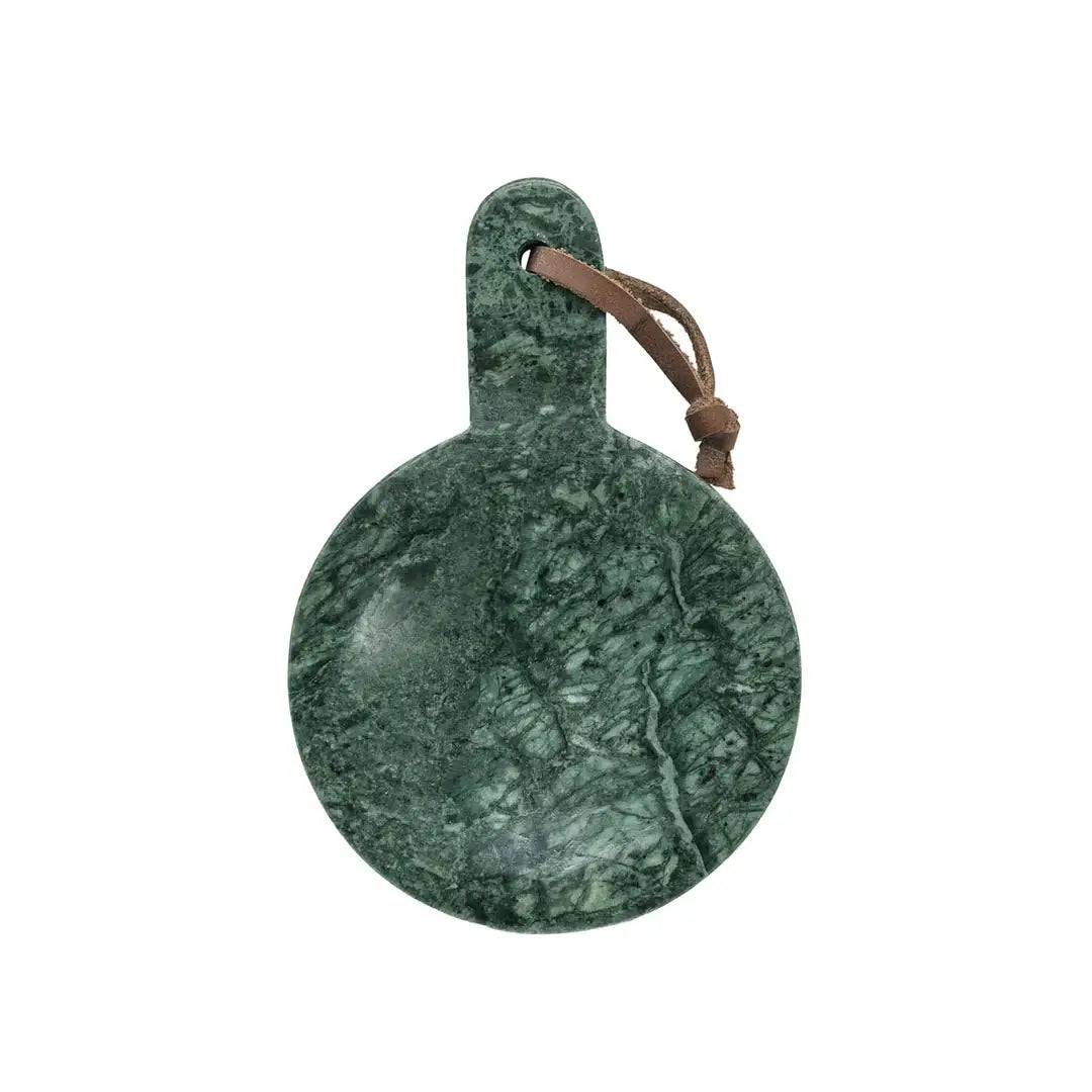 Green marble cutting board with a brown handle on a white background