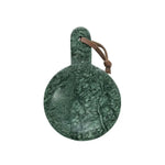 Green marble cutting board with a brown handle on a white background