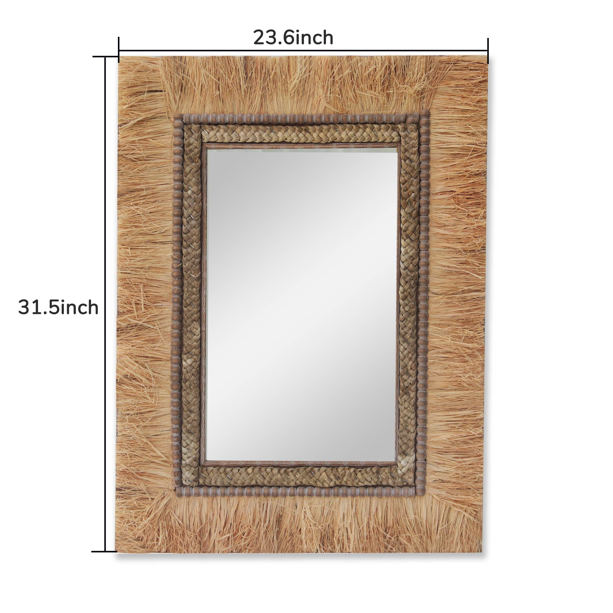 Boho Accent Wall Mirror with Woven Detail and Dried Raffia