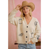 EMBROIDERED HALLOWEEN GHOST PUMPKIN BUTTON CARDIGAN