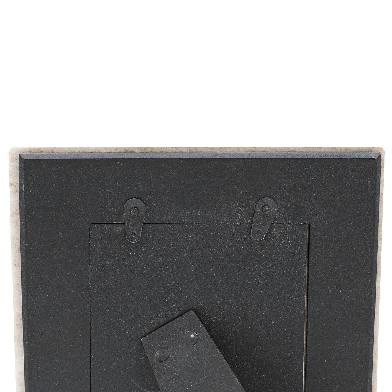 Back view of a picture frame with mounting hardware on a white background