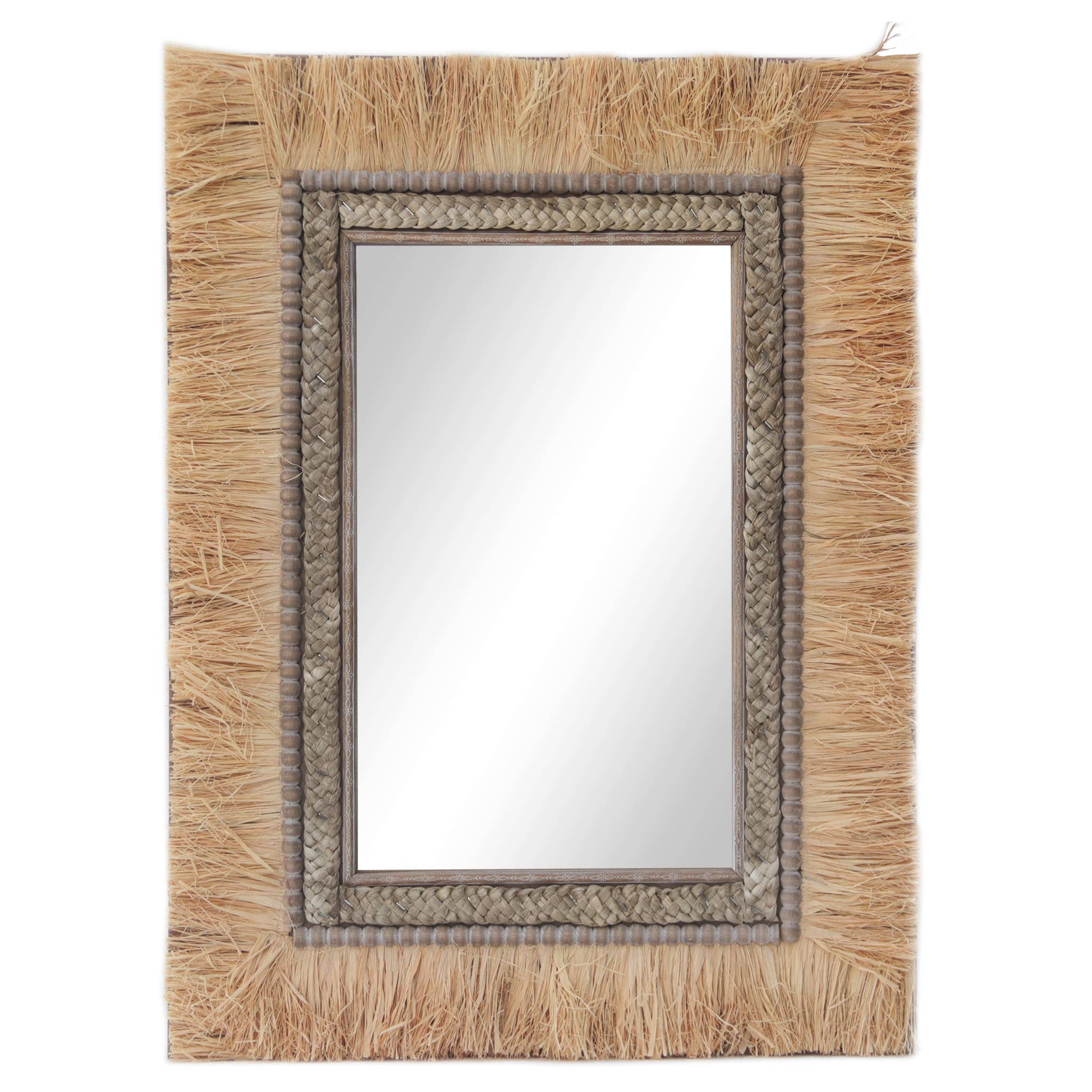 Boho Accent Wall Mirror with Woven Detail and Dried Raffia