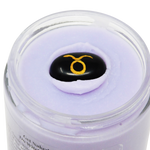 Cosmetic container with a purple lid featuring a logo on a white background