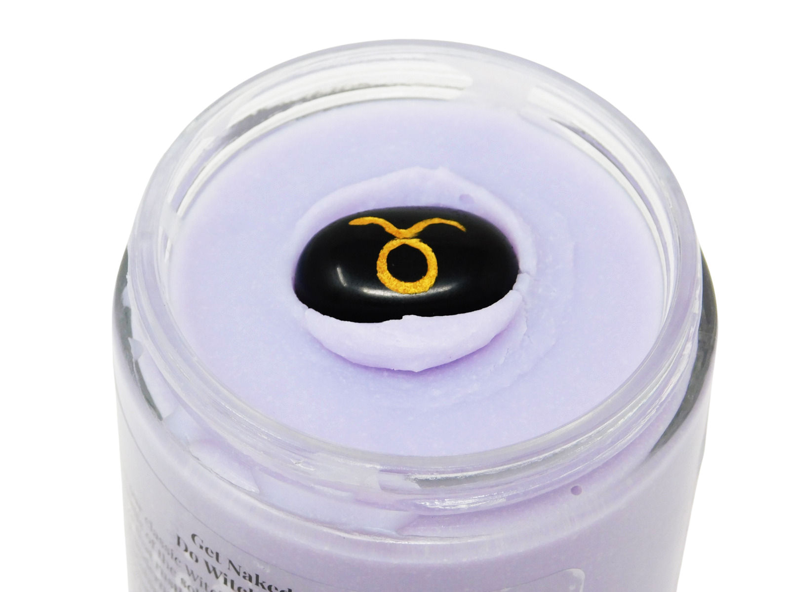 Cosmetic container with a purple lid featuring a logo on a white background