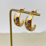 Inlaid Colored CZ 18K Gold Plated SS C-shaped Earrings - FGS