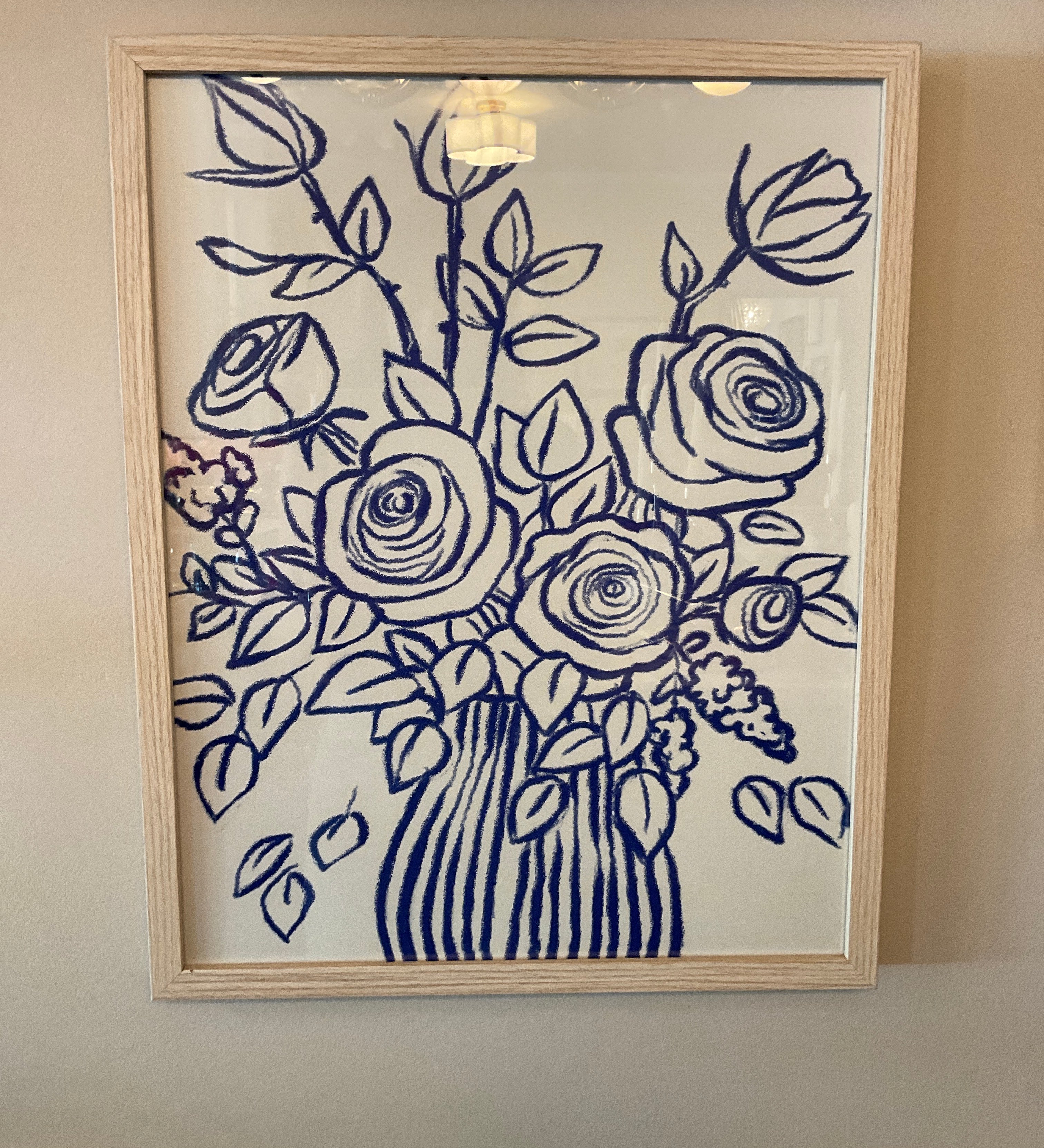 Blue Floral Line Art - Framed