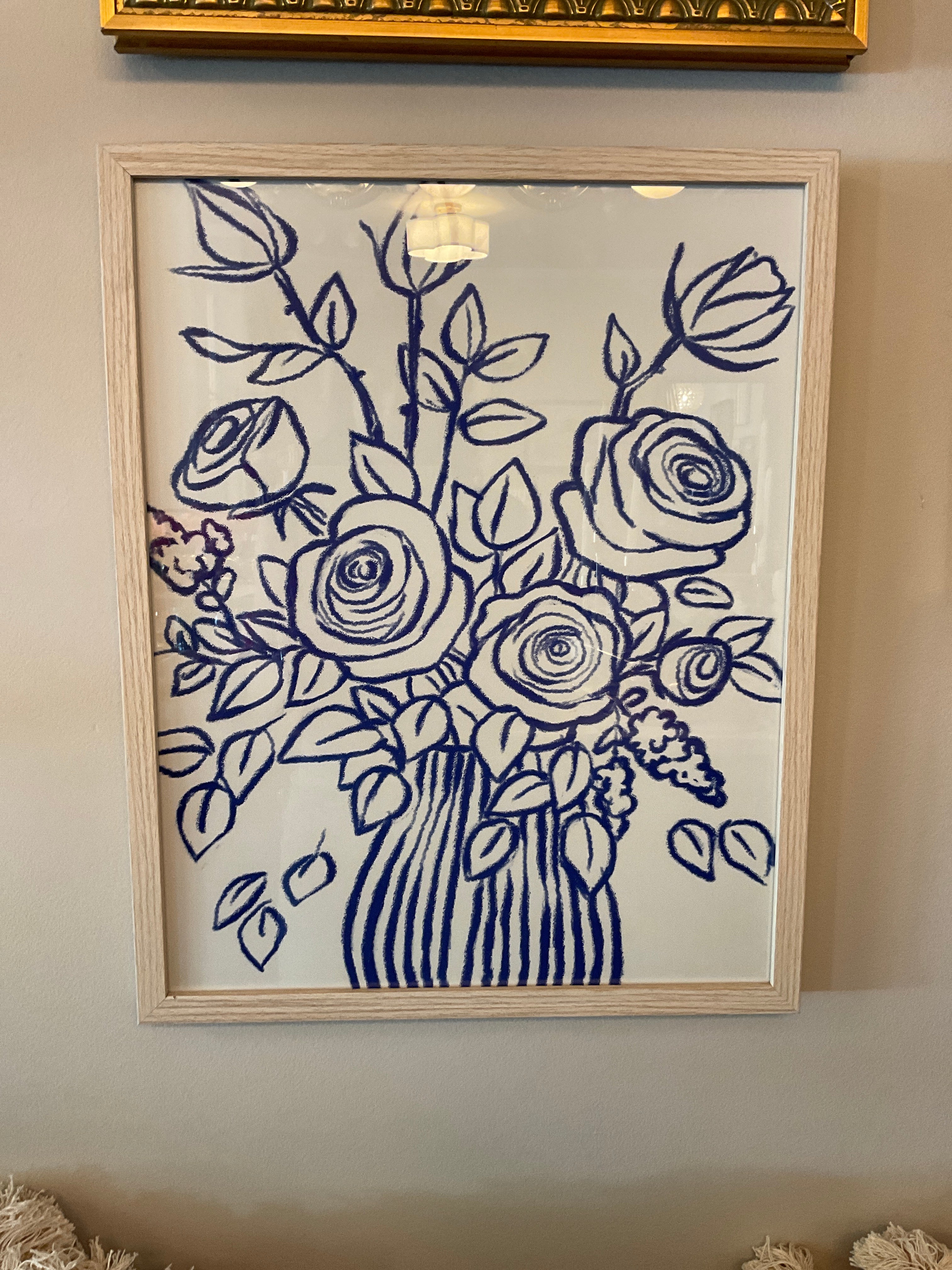 Blue Floral Line Art - Framed
