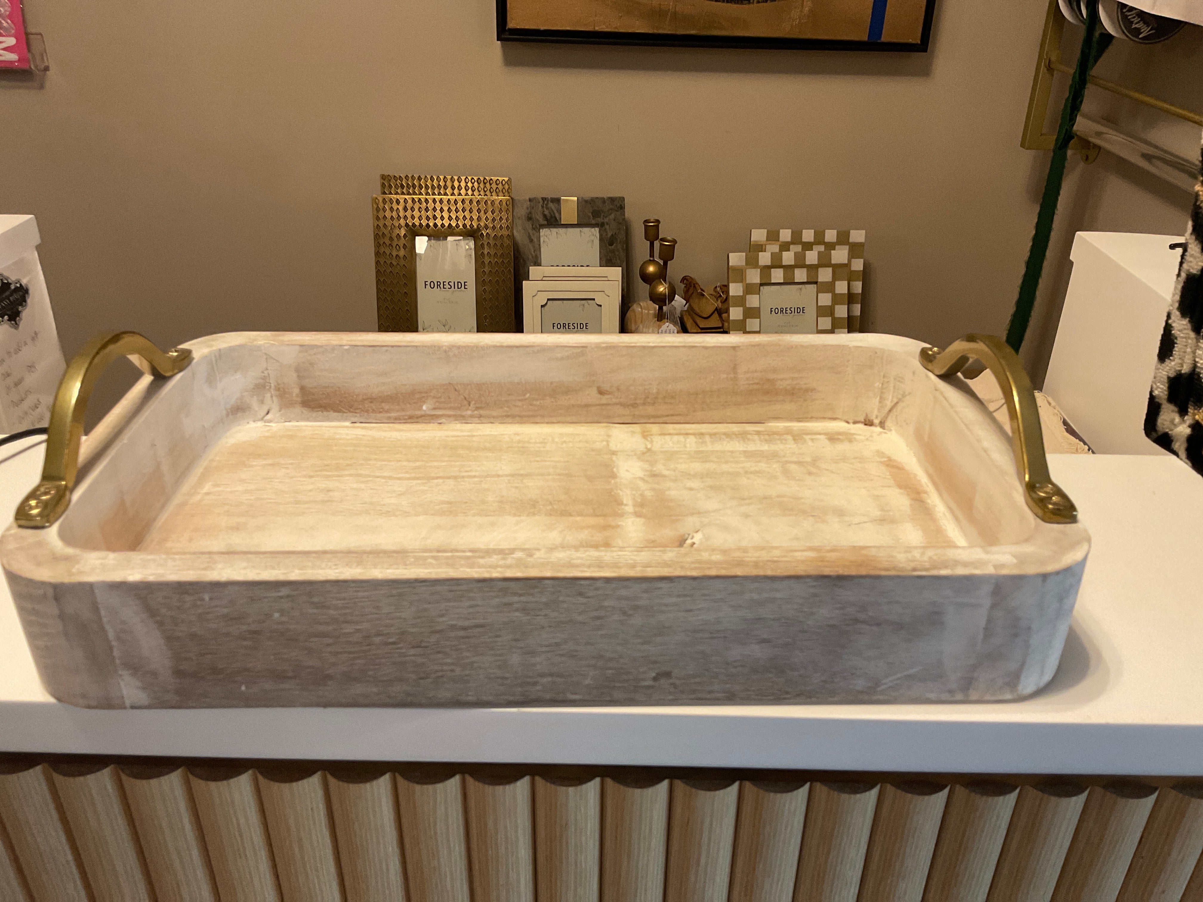 Wooden white tray with brass handles