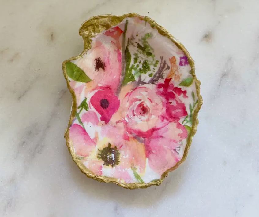 Pink Floral Oyster Shell Jewelry Holder